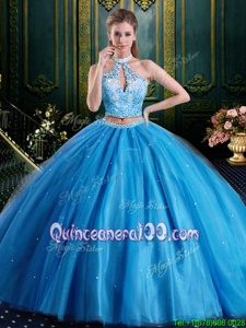 Tulle Halter Top Sleeveless Lace Up Beading and Lace and Appliques Quinceanera Dress inBaby Blue