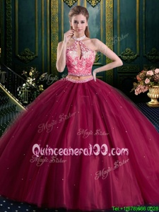 Sophisticated Two Pieces 15th Birthday Dress Burgundy Halter Top Tulle Sleeveless Floor Length Lace Up