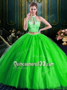 Customized Halter Top Floor Length Spring Green Sweet 16 Dresses Tulle Sleeveless Spring and Summer and Fall and Winter Beading and Lace and Appliques