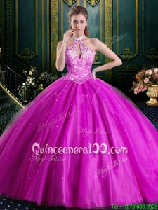 Dramatic Halter Top Fuchsia Ball Gowns Beading and Lace and Appliques Quinceanera Dresses Lace Up Tulle Sleeveless Floor Length