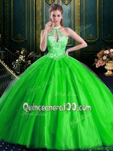 Discount Spring Green Lace Up Halter Top Beading Vestidos de Quinceanera Tulle Sleeveless