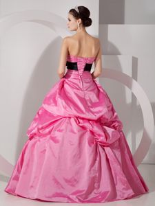 Hot Pink Lace Up Sweet 15 Dress with Black Bowknot and Pick-ups