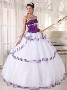 White and Purple Organza Appliqued Dress Quince with Tiers
