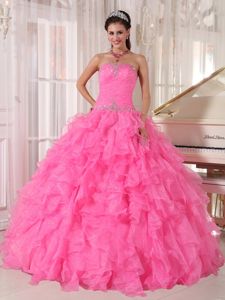 Rose Pink Organza Ruffled Sweet 15 Dresses with Beads Decorate