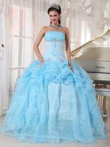 Baby Blue Strapless Beading Ruffled Quince Dress with Pick-ups