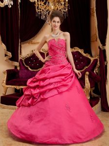 Coral Red Beading Appliqued Dress for Quince with Pick-ups