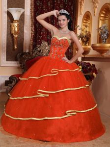 Orange Red Beading Appliqued Quince Dresses with Golden Hem