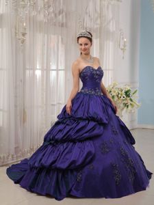 Purple Ball Gown Beading Taffeta Dress for Quince with Pick-ups