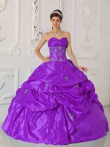 Violet Ruche Sweetheart Appliques Dress for Quince with Pick-ups