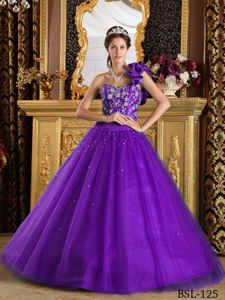 Violet Appliques Beaded Sweet 16 Dress with Hand Made Flowers