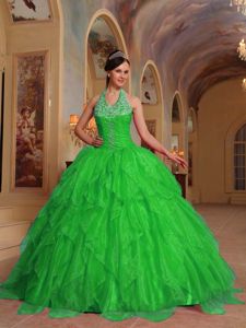 Spring Green Halter Top Ruffles Sweet Sixteen Dresses with Beading