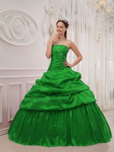 Green Strapless Taffeta Appliques Quinceanera Dresses on Discount