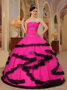 Hot Pink Strapless Organza Quinceanera Party Dress with Beading