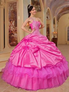 New One Shoulder Appliques Bodice Dress for a Quince in Hot Pink