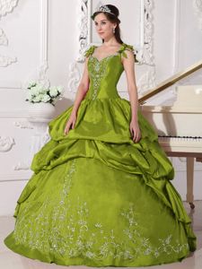 Straps Embroidery Quinceanera Dress with Pick-ups in Olive Green