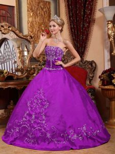 Strapless Satin Embroidery Purple Dress for Sweet 16 on Discount