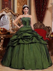 Dark Olive Green Pick-ups Sweet 15 Dress with Appliques Hot Sale