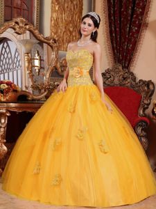 Attractive Gold Tulle Sweetheart Sweet Sixteen Dress with Appliques
