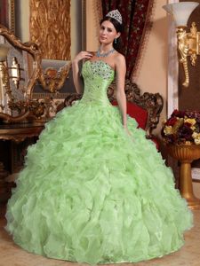 Beaded and Ruched Bodice Ruffles Sweet 16 Dress in Yellow Green