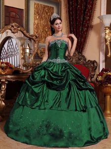 Taffeta Dark Green Pick-ups Beaded Sweet 16 Dress with Appliques