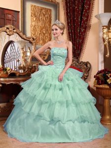 Apple Green Strapless Appliques Quince Dress with Ruffled Layers