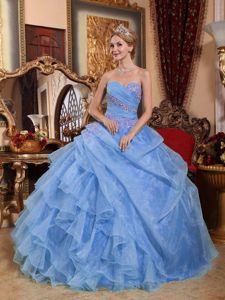 Light Blue Sweetheart Quinces Dresses with Appliques and Ruffles