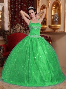 Shimmery Beaded Green Quinceanera Dress with Spaghetti Straps