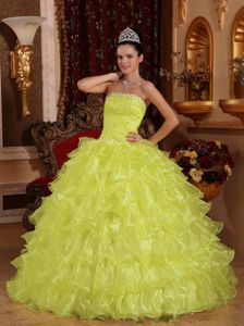 Light Yellow Ball Gown Strapless Beaded Ruffled Quinces Dress