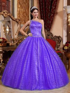 Purple Ball Gown one Shoulder Beaded Sweet Sixteen Dresses