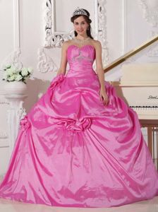 Plus Size Rose Pink Beaded Ruched Sweet 16 Dress with Flowers
