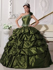 Customized one Shoulder Pick Ups Olive Green Dress for Quince
