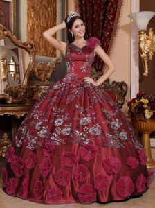 Grammy Award Wonderful V-neck Appliqued Beaded Wine Red Sweet 15 Dress for 2014