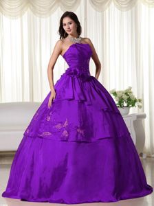 Affordable Flowers Appliqued Purple Strapless Quinceanera Dress