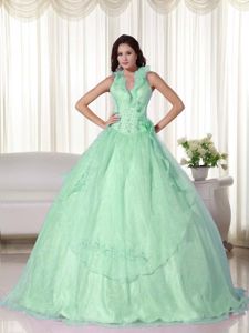 Apple Green Quince Dress with Flounced Halter and Embroidery