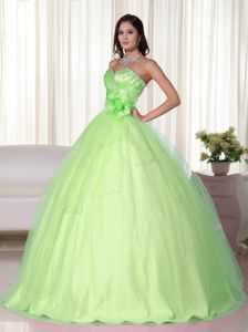 New Apple Green Ruched Quinceanera Gown Dress with Flowers