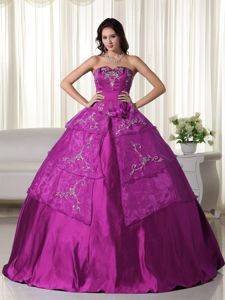 Fuchsia Strapless Floor-length Quince Dresses with Embroidery