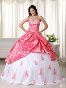 Watermelon and White Quinceanera Dresses with Appliques