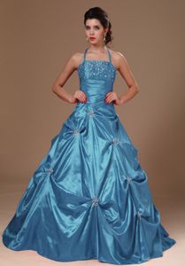 Halter Top A-line Beaded Teal Sweet Sixteen Dress with Pick Ups