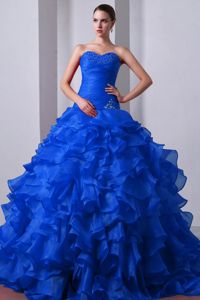 Special Customized Sweetheart Brush Train Blue Sweet 15 Dress with Ruffles Beading