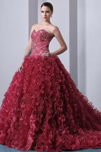 Expensive Brush Train Organza Beaded Ruffled Dress for Quince