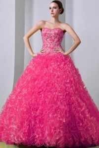 Brush Train Beaded Ruffled Hot Pink Quinceanera Party Dress