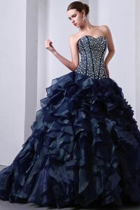 2012 Popular Rhinestones Ruffled Navy Blue Sweet 16 Dress