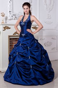 Fast Shipping Appliqued Halter Top Royal Blue Sweet 15 Dresses