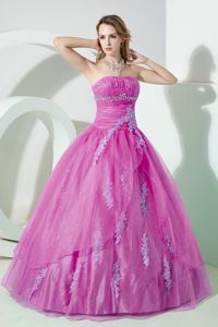 Pretty Strapless Appliqued Ruched Violet Quinceanera Party Dress