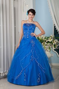 Popular Princess Strapless Blue Dress for Quince with Beading