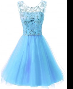 Simple Scoop Sleeveless Chiffon Knee Length Zipper Mother of Groom Dress in Baby Blue with Beading