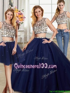 Customized Three Piece Brush Train Ball Gowns 15 Quinceanera Dress Navy Blue Scoop Tulle Cap Sleeves With Train Backless