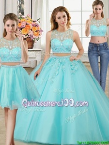 Beautiful Three Piece Scoop Aqua Blue Sleeveless Floor Length Beading and Appliques Zipper Ball Gown Prom Dress
