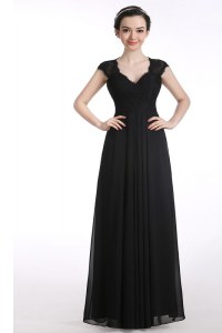 Cap Sleeves Chiffon Floor Length Zipper Mother Dresses in Black with Lace