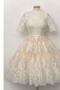 Scalloped Half Sleeves Tulle Mother of Bride Dresses Lace and Belt Zipper